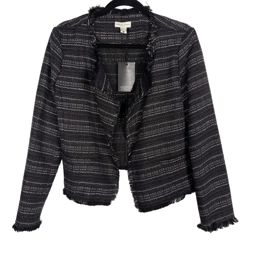 New Adrienne Vittadini Medium Black Striped Tweed Blazer Fringe Ends Open Front
